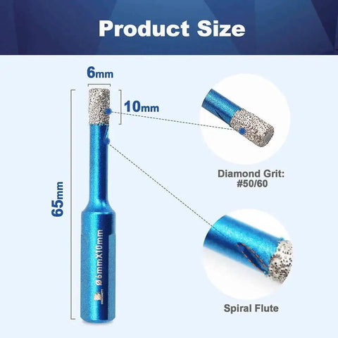 Dry Diamond Core Drill Bit Set 5pc One Quarter Inch 6mm showing dimensions and diamond grit details for porcelain tile and stone.