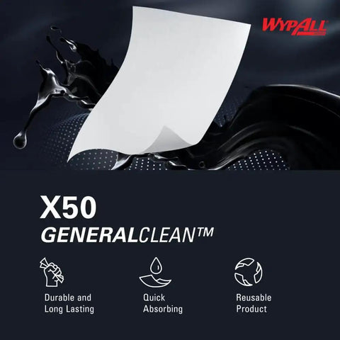 Image showing WypAll X50 GeneralClean cloth, highlighting durability, quick absorbing, and reusability, with a white wipe against dark background.
