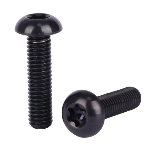 Two black Grade 5 titanium Torx M5x20mm bike screws for water bottle cage mounts, shown upright and lying down.
