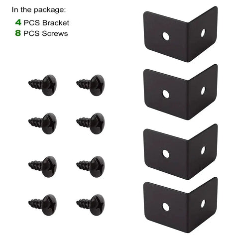 4 Pack Heavy Duty Iron Corner Protectors 2x2x1.5 Inch Black Decorative Corner Brackets and screws for furniture and wood frames.