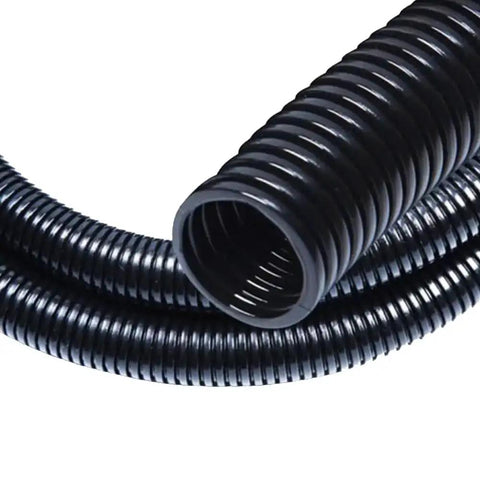 Close-up of 30 Ft Split Wire Loom Tubing One Quarter Inch Inner 6mm Outer 9mm Cord Protector for wires, black, easy split design