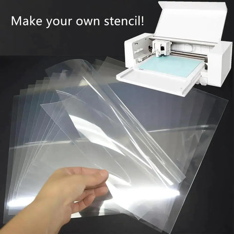 10 Mil Blank 12x12 Inch Stencil Sheets For Laser Cutting Vinyl And Mylar Projects, transparent PET acetate template material shown with cutter