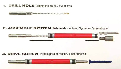 Diagram showing drill hole, assemble system, and drive screw steps for 24 Piece SDS Plus Rotary Hammer Drill Bit Set For Concrete Three Sixteenth Inch By Seven Inch Bits With One Quarter Inch Hex Shank Tungsten Carbide Tip Braze Hardened.