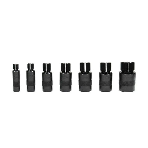 Seven sizes of Universal Motorcycle Wheel Bearing Remover Puller Separator Extractor Tool for 25mm to 10mm bearings, front view.
