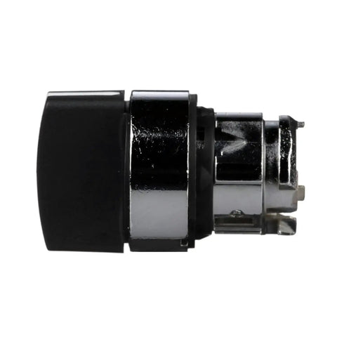 Side view of Harmony XB4 Selector Switch Head with chrome plated metal bezel, ergonomic black handle, for 22mm cutouts in machinery control.