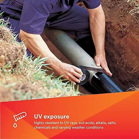 Applying All-Weather Vinyl Corrosion Protection Tape 50, 2 in x 100 ft, Black PVC, 10 mil thick around an industrial pipe.