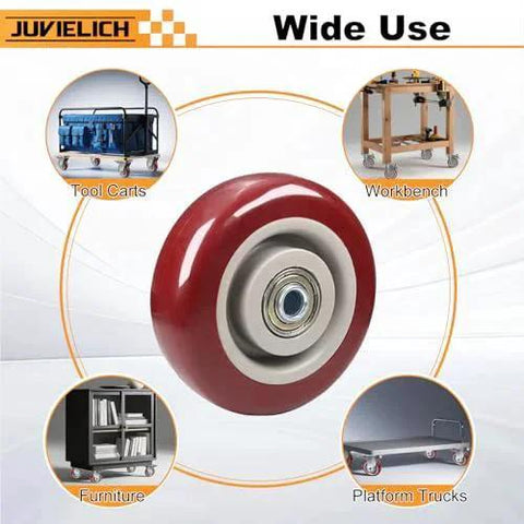 Red Four Inch PU Caster Wheels Set Four Pcs Wheel Only Heavy Duty Plate Caster Replacement For Push Carts and Workbenches
