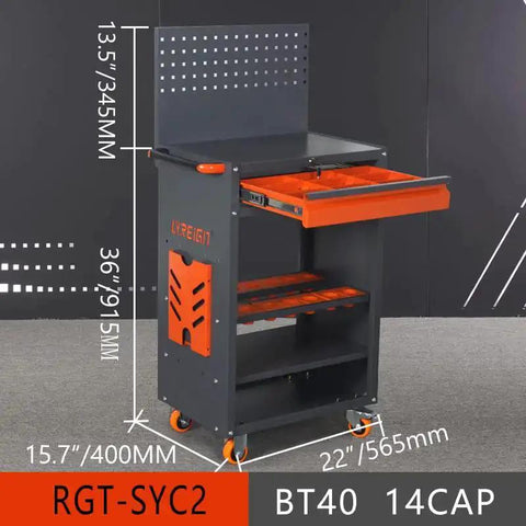 Removable CNC Tool Rack Cart with dual layer steel side mount storage, showcasing orange details and easy access hooks, BT40 14CAP model.