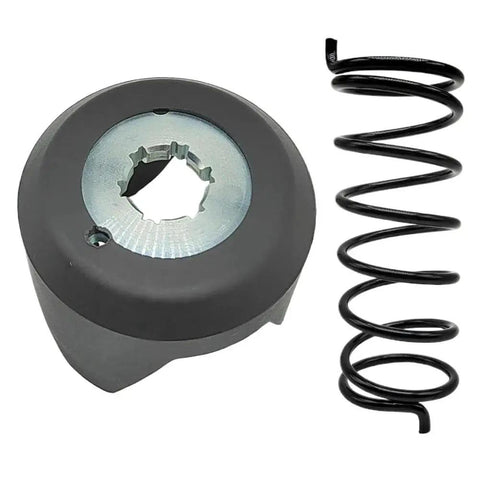 Front view clutch cam helix with compression spring; gray cam with splined center and black coil spring, 2-piece
