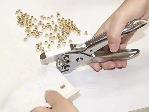 Using All In One Grab And Go Eyelet Grommet Pliers Kit With 1 Hole Punch And 100 Gold Grommets for fabric crafting