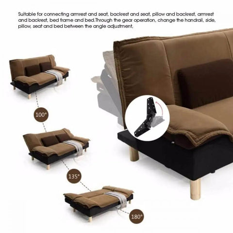 2Pcs 3 Position Adjustable Sofa Back Hinge for Sofa Bed and Furniture 230x70 Mm Black Finish, installed showing 100, 135, 180 degree adjustments.