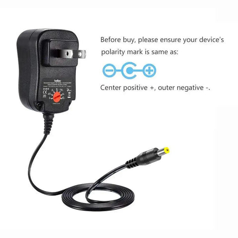 Versatile 12W Universal ACDC Power Adapter With Eight Tip Sizes, Adjustable 3V To 12V DC Output, 1000mA Max, shown with plug and cord