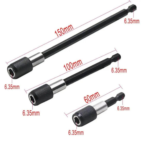 Flexible Drill Bit Extension Kit With 105 Degree Right Angle and Bendable Extension, 3 sizes of drill bit holders on display