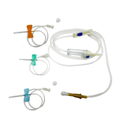 IV extension set with clear tubing and screw-mouth port; 12-piece veterinary/lab kit with luer-lock connectors and color-coded adapters.