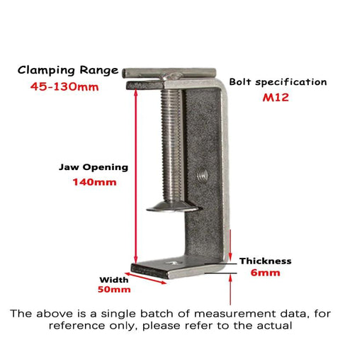 304 stainless steel C-clamp with long screw, wide 140mm jaw opening and M12 bolt