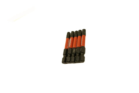 5-pack of Heavy Duty T30 Torx Star Bit Set for impact drivers, visible red and black design, impact rated, heat treated steel.