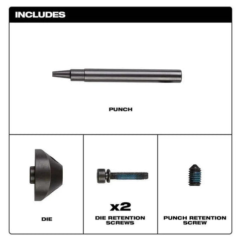Punch And Die Set For M12 FUEL Nibbler, includes punch, die, retention screws, fits Milwaukee Tool 16 Gauge, cuts 18 gauge stainless steel.