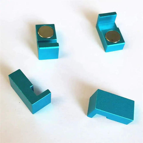 Four blue aluminum Magnetic Parallel Keepers for Vise and CNC Machining with ultra strong rare earth magnets, shown on white background.