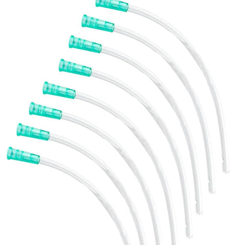 Eight-pack clear plastic syringe hoses with teal connectors, 13-inch replacement tubing
