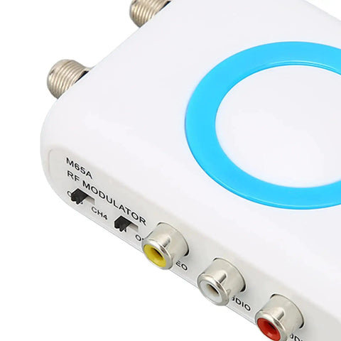 Digital RF Modulator And NTSC Coaxial Converter For CATV Systems with audio video inputs and coaxial outputs, close-up view