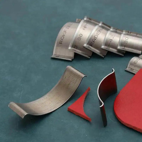 Leather Corner Punch And Round Cutter Kit For Belts And Watch Straps, showing metal dies and red cutting surface.