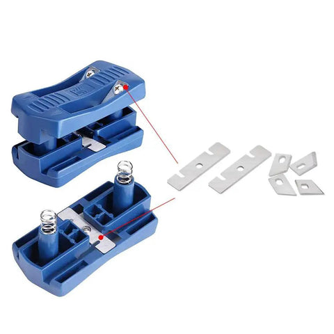 Woodworking Trimmer Double Cutter Set showing blue plastic body and durable white steel blades with dual cutting heads.