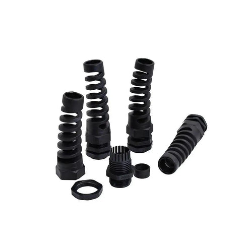 IP68 Waterproof M22 PG16 Cable Gland Connector With Spiral Flex Strain Relief, Lock Nut, Rubber Washer in 5-piece kit, Black PA66 Body