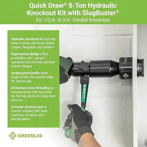 Quick Draw 8 Ton Hydraulic Knockout Punch Kit in use for 1/2 to 2 inch holes, cutting through various materials with precision.