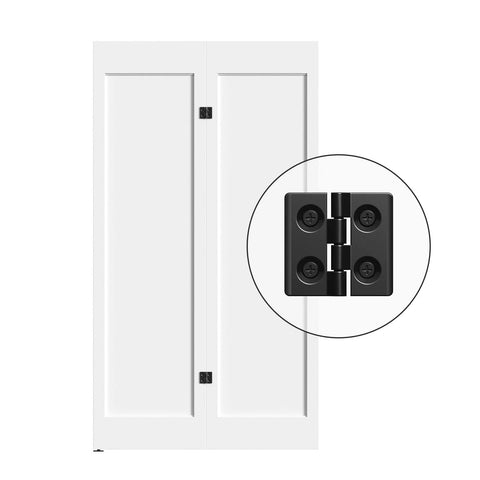 2.5Ft Bi Folding Sliding Barn Door Hardware Track Kit For Two Doors, showing black hinge on white doors, no door included