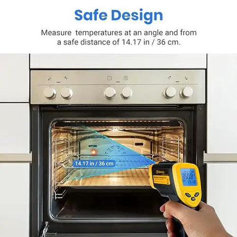 Instant Read Infrared Thermometer Laser Temp Gun For Meat BBQ Kitchen And Fridge With Adjustable Emissivity 58F To 1130F Range Max Surface Temp Display Fast 0.5s Read Etekcity measuring temperature at an angle in oven.