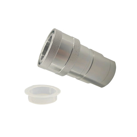 Hydraulic quick-connect coupler for tractor, angled view; carbon steel, 1'' NPT thread, includes dust cap