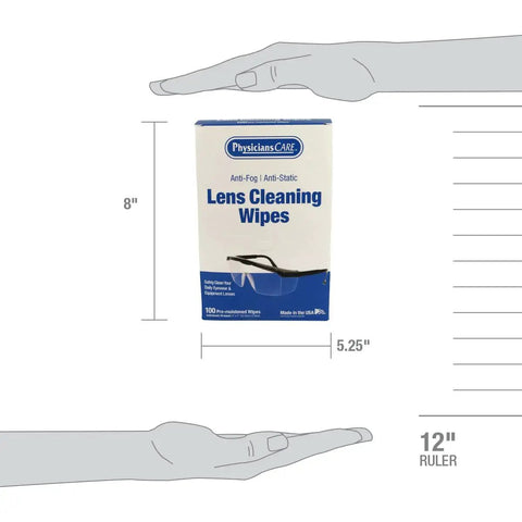 Anti-Fog And Anti-Static Lens Wipes For Glasses In Pre-Moistened Packets next to hand and ruler for size reference