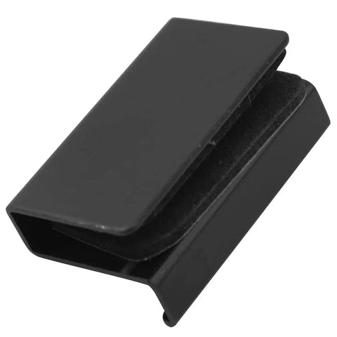Close-up of a Four Pack Black Metal Glass Door Clip for four to six millimeter glass or acrylic window display doors.