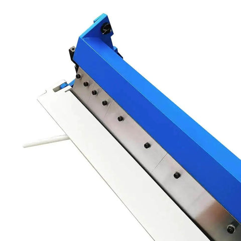 Front view of 24 Inch Box Pan Brake for 20 Gauge Sheet Metal, Bench Top Bender with 5 hardened removable fingers, blue and silver design