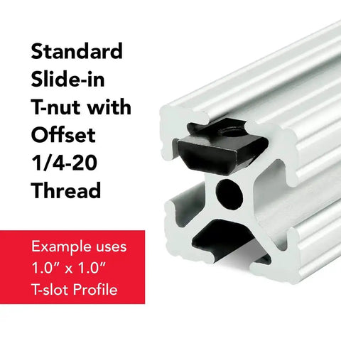 Slide-In 1/4-20 Steel T-Nut for 1 Inch Extruded Aluminum 80/20 T Slot Profiles in black zinc finish installed on T-slot profile