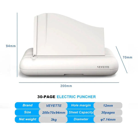 Electric 3 Hole Paper Punch For Office Use Heavy Duty Commercial Hole Puncher with Power Adapter, side view, 30-sheet capacity