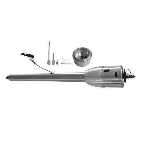 32 Inch Stainless Steel Tilt Steering Column With 9 Hole Wheel Adapter No Key shown uninstalled with components.