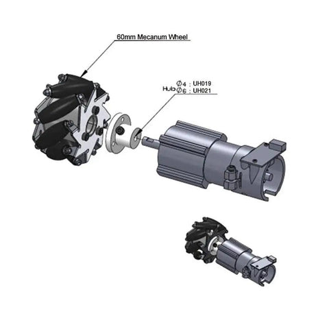 60mm Mecanum Wheel Four Pack Omnidirectional Wheel Set with 6mm Hubs illustration showing parts and assembly for robotics projects