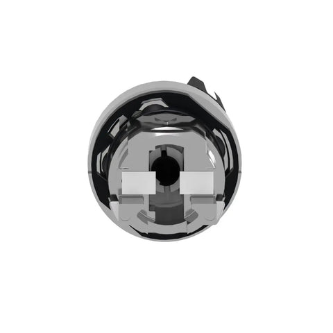 Front view of Harmony XB4 Selector Switch Head with chrome plated metal bezel, 22mm cutout, two positions, ergonomic black handle