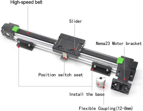Fast 400mm Belt Driven Linear Actuator with Nema 23 motor bracket, slider, high-speed belt, and position switch seat assembly.
