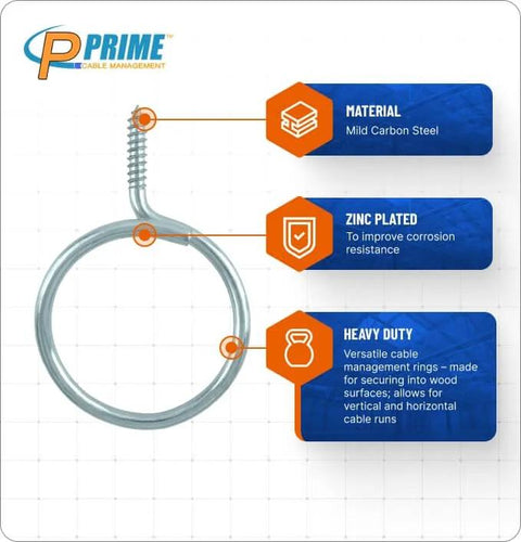 Cable Management Bridle Rings 2 Inch Heavy Duty Wood Screw Ends For Secure Low Voltage Wiring, zinc plated steel, infographic view.