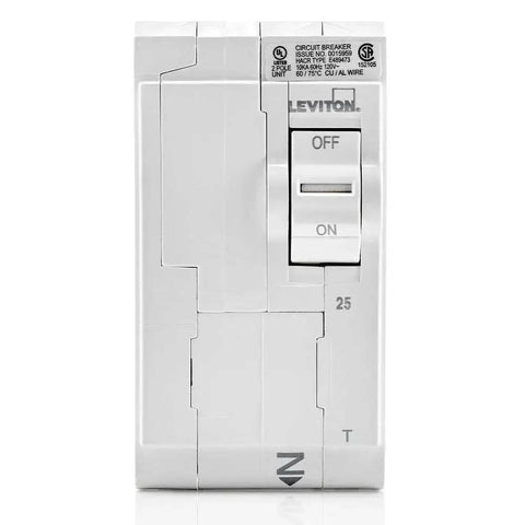Front view of 25 Amp 2 Pole Plug On Standard Branch Circuit Breaker Thermal Magnetic 120 240 VAC White LB225T Easy Install