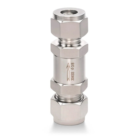 Goldpea compression check valve, front view, 304 stainless steel, 3/8 in OD, one-way backflow valve