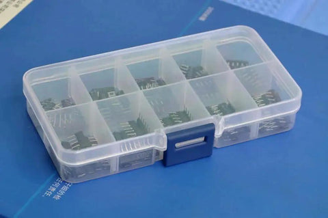 Front view of Electronics-Salon thick-film resistor assortment kit in clear plastic organizer with SIP-5/SIP-9 resistors.