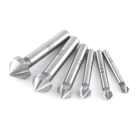 Six Piece HSS Countersink Bit Set With Round Shank 3 Flute Cutters For Chamfering Deburring And Precise Countersinking Across Wood Metal And Plastic