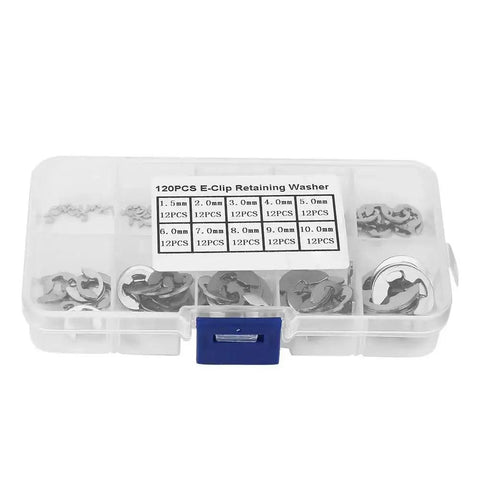 Stainless Steel E Clip And Circlip Assortment Kit For Machine Shafts And DIY Home Shop Use, in clear plastic box with various sizes.