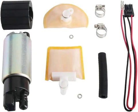 Beefed Up 255 LPH High Flow In Tank Electric Fuel Pump Kit With Strainer Filter Gasket Hose Stainless Steel Clamps And Universal Wiring Harness MCP 203A For Honda Acura Toyota Nissan Mazda Mitsubishi And Plymouth Laser Turbo Cars components visible