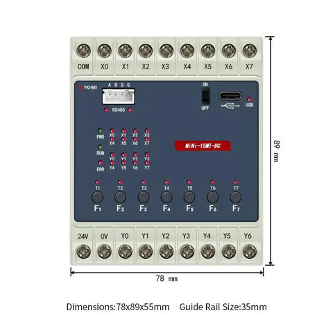 Front view of 24V DC PLC Ladder Logic Controller with 8 Inputs and 7 Transistor Outputs Fully Compatible with FX1S RS485 HMI Connection