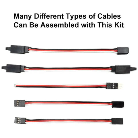 Various assembled cables from Pro RC Servo Connector Kit with crimp tool, 3m 22AWG cables, 30 male and 30 female pins visible