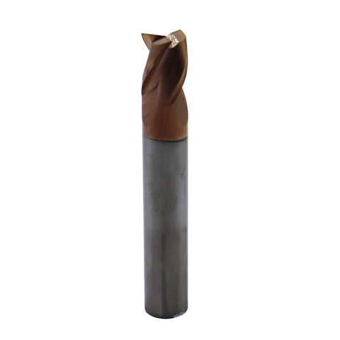Solid Carbide End Mill For Aluminum 5/16 Inch 3 Flute 37 Degree Helix ZRN Coated Cutting Tool For Aluminum And Non Ferrous Metals Pro Grade High Velocity Milling For Clean Finishes And Long Tool Life. 3 flutes, front view.